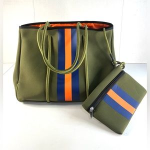 Parker & Hyde Army Green and Navy/Orange Stripe Tote